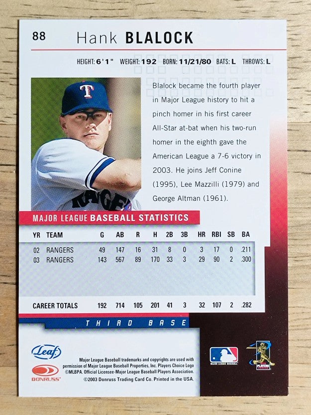 2004 Leaf Second Edition #88 Hank Blalock