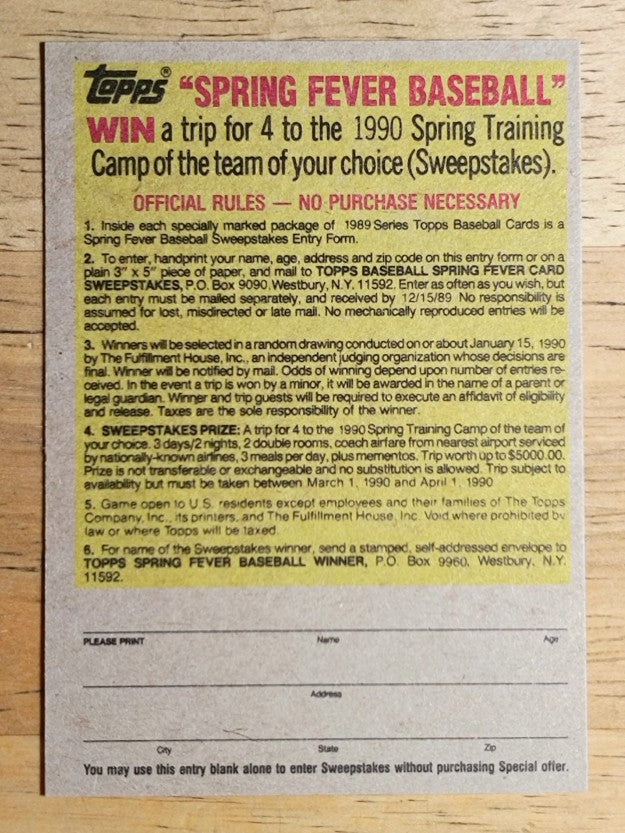 1989 Topps Company Store #NNO Baseball Hat Offer/Gray Back