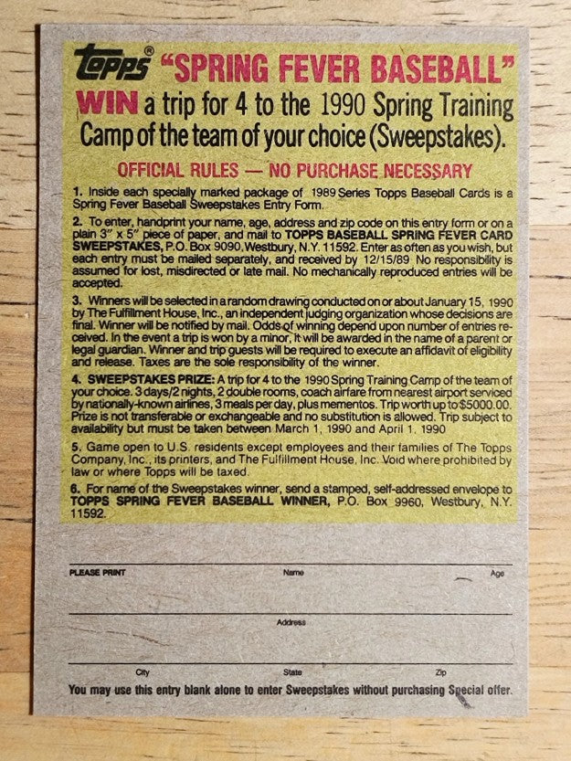 1989 Topps Company Store #NNO Baseball Card Offer/Gray Back