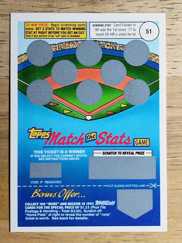 1992 Topps Gold Winner Scratch Cards #NNO Cecil Fielder