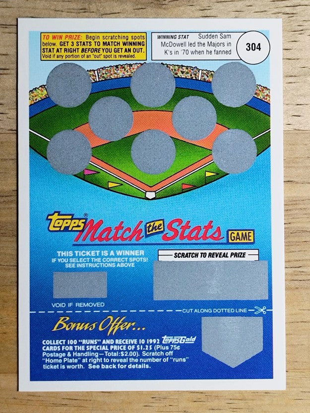 1992 Topps Gold Winner Scratch Cards #NNO Sam McDowell