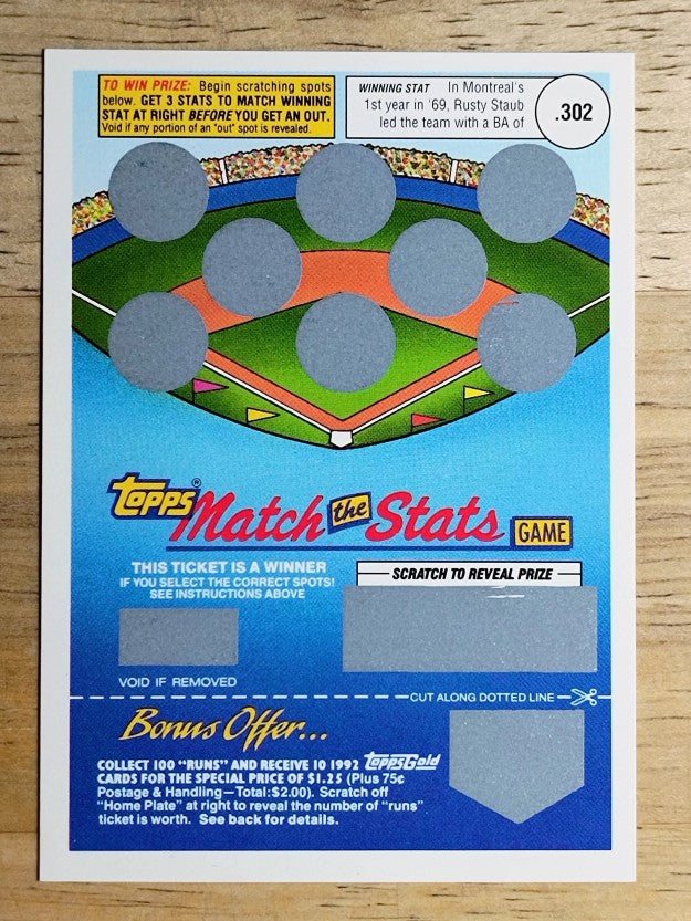 1992 Topps Gold Winner Scratch Cards #NNO Rusty Staub