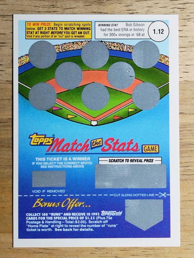1992 Topps Gold Winner Scratch Cards #NNO Bob Gibson