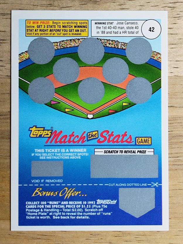 1992 Topps Gold Winner Scratch Cards #NNO Jose Canseco