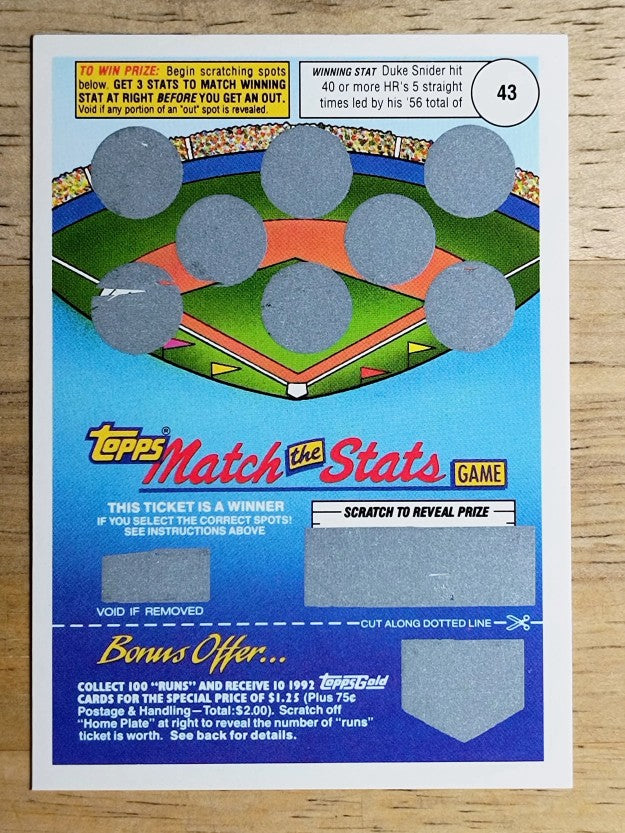 1992 Topps Gold Winner Scratch Cards #NNO Duke Snider