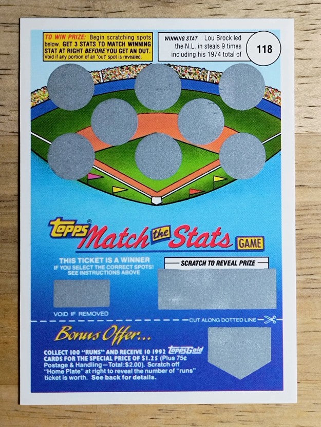 1992 Topps Gold Winner Scratch Cards #NNO Lou Brock