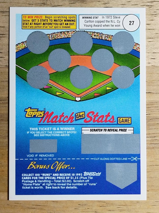1992 Topps Gold Winner Scratch Cards #NNO Steve Carlton