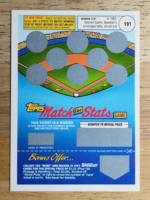 1992 Topps Gold Winner Scratch Cards #NNO Warren Spahn
