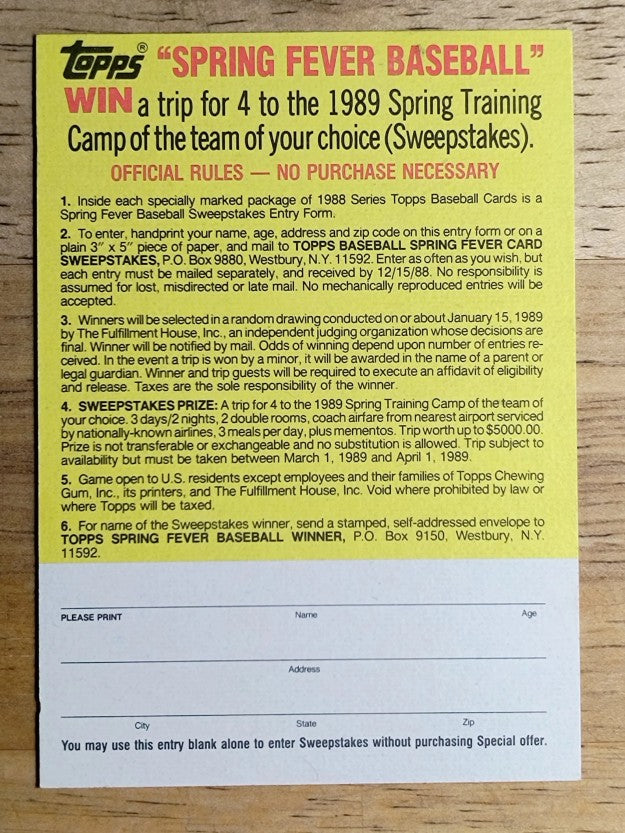 1988 Topps Store Ad Glossy All-Stars Offer/White Back/No Cards Not Included