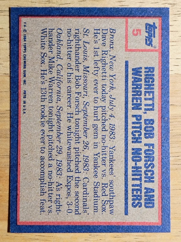 1984 Topps #5 Dave Righetti/Bob Forsch/Mike Warren HL