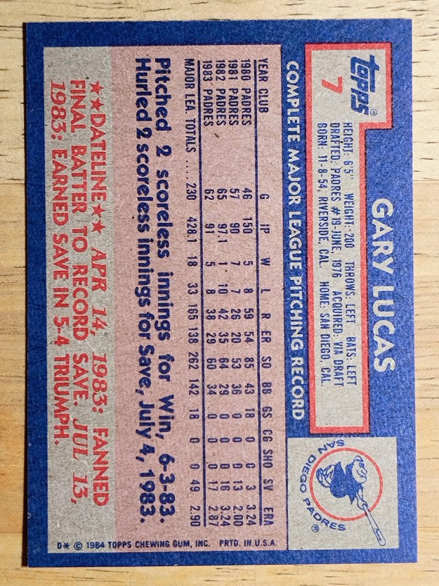 1984 Topps #7 Gary Lucas