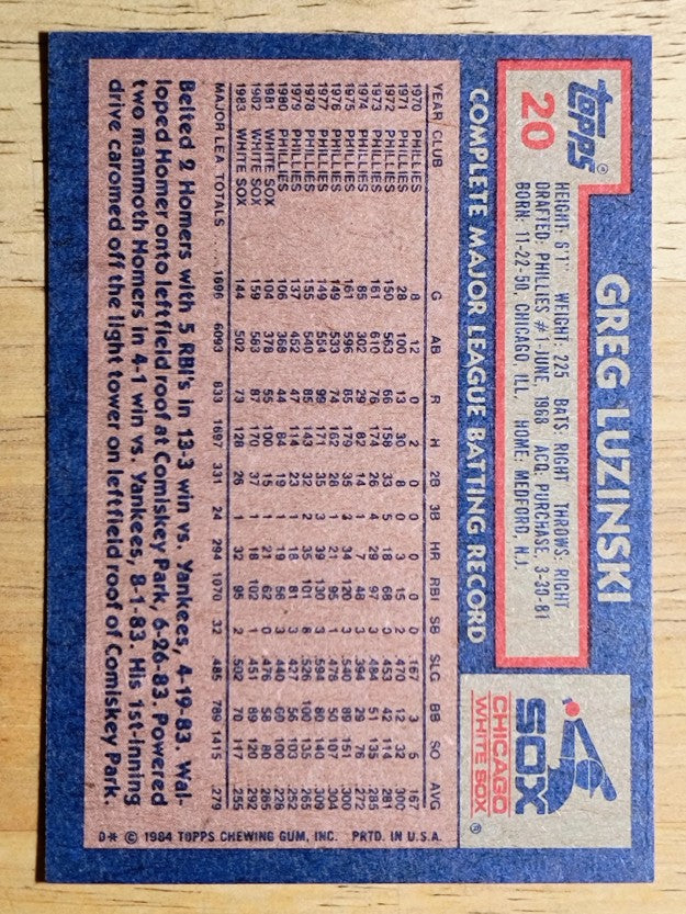 1984 Topps #20 Greg Luzinski