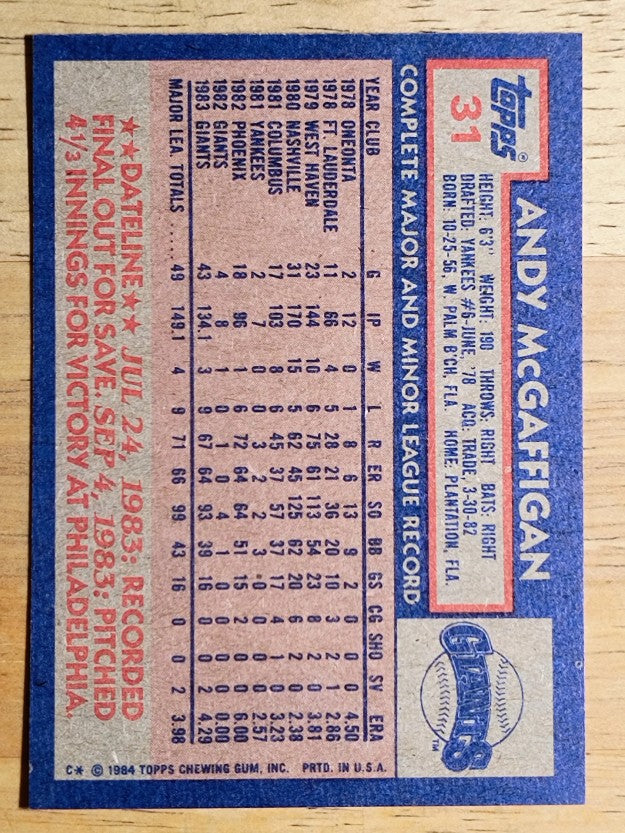1984 Topps #31 Andy McGaffigan