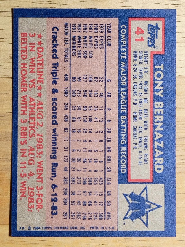 1984 Topps #41 Tony Bernazard