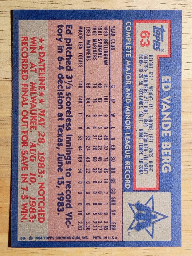1984 Topps #63 Ed VandeBerg