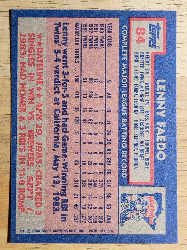 1984 Topps #84 Lenny Faedo