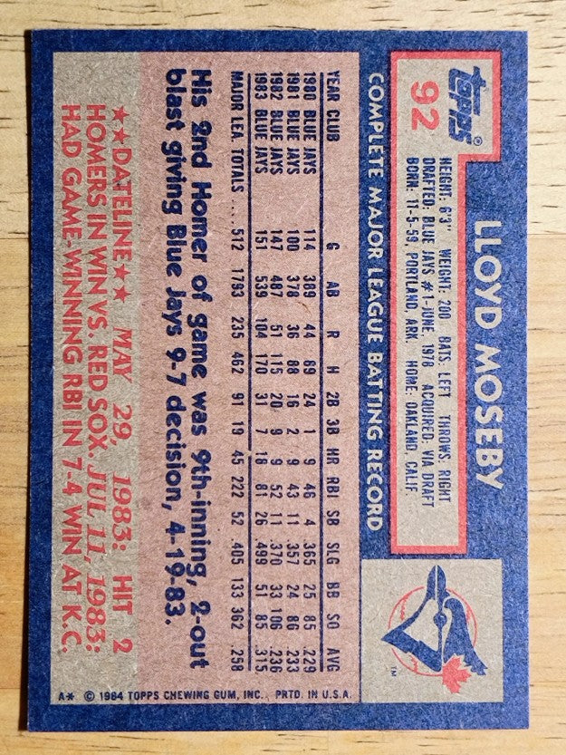 1984 Topps #92 Lloyd Moseby