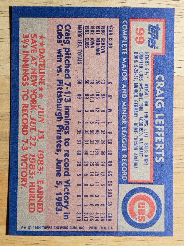 1984 Topps #99 Craig Lefferts RC