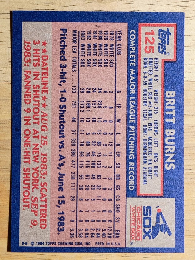1984 Topps #125 Britt Burns
