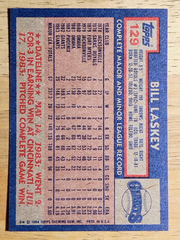 1984 Topps #129 Bill Laskey