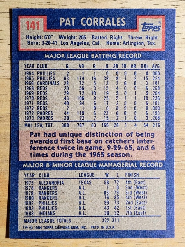 1984 Topps #141 Pat Corrales MG