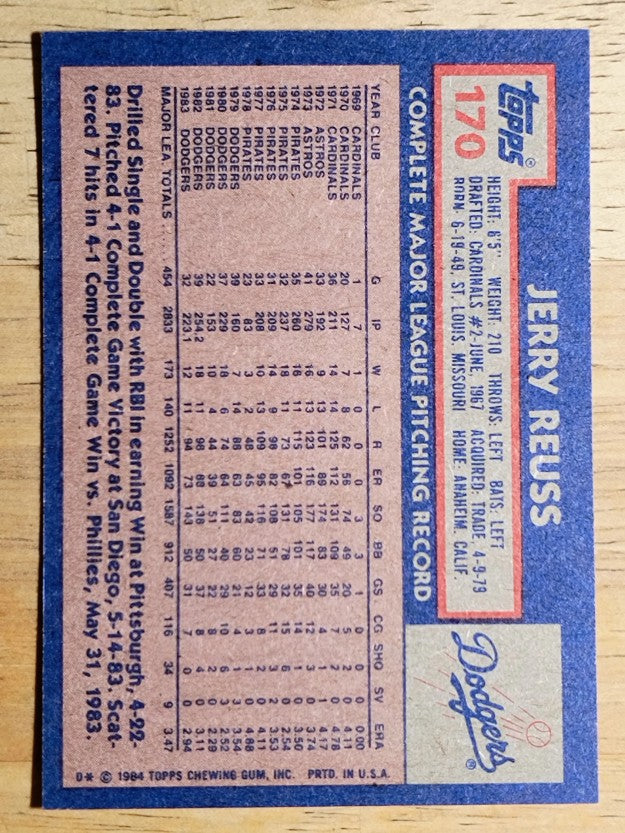 1984 Topps #170 Jerry Reuss