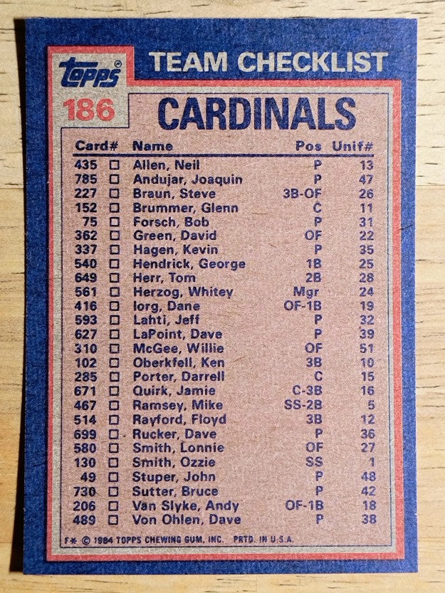 1984 Topps #186 Cardinal TL/Lonnie Smith/John Stuper