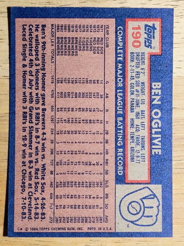 1984 Topps #190 Ben Oglivie