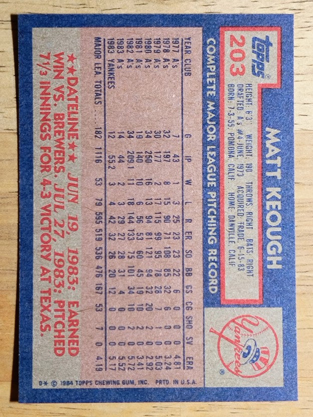 1984 Topps #203 Matt Keough