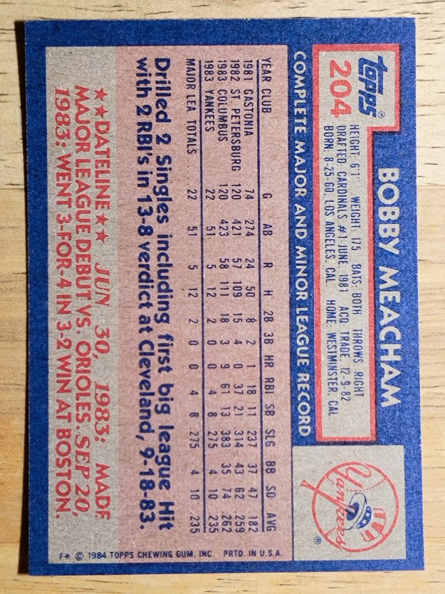 1984 Topps #204 Bobby Meacham