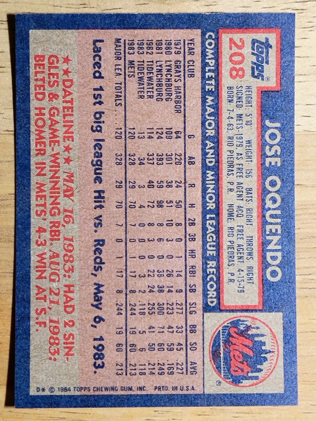 1984 Topps #208 Jose Oquendo RC