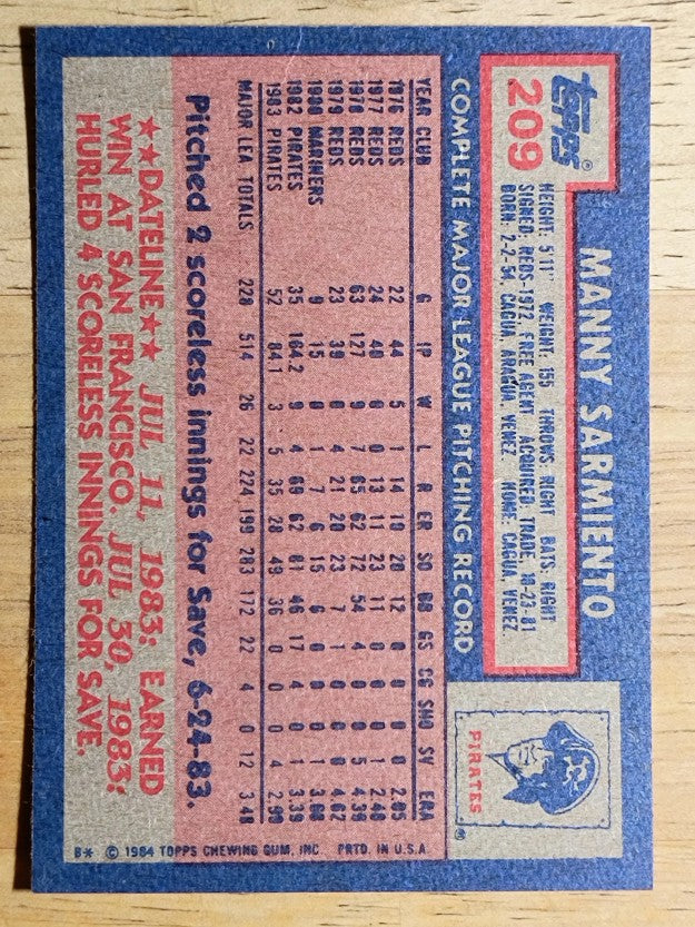 1984 Topps #209 Manny Sarmiento
