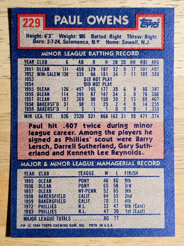 1984 Topps #229 Paul Owens MG