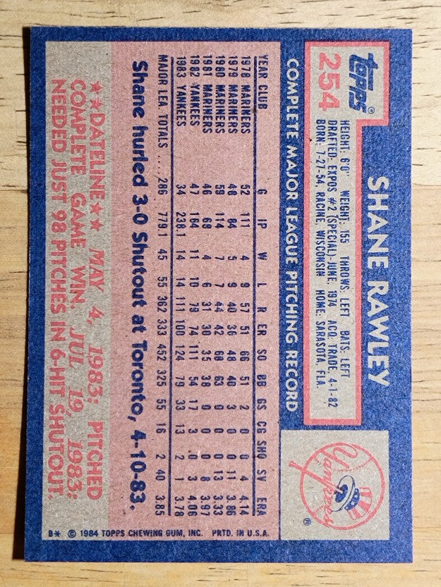 1984 Topps #254 Shane Rawley