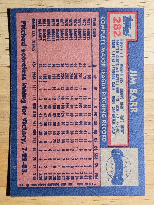 1984 Topps #282 Jim Barr