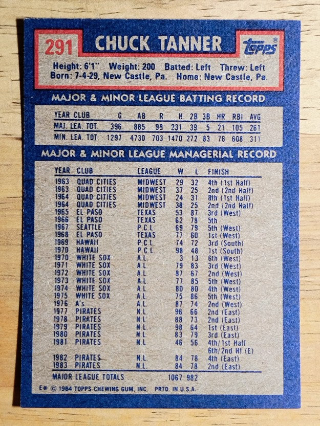 1984 Topps #291 Chuck Tanner MG