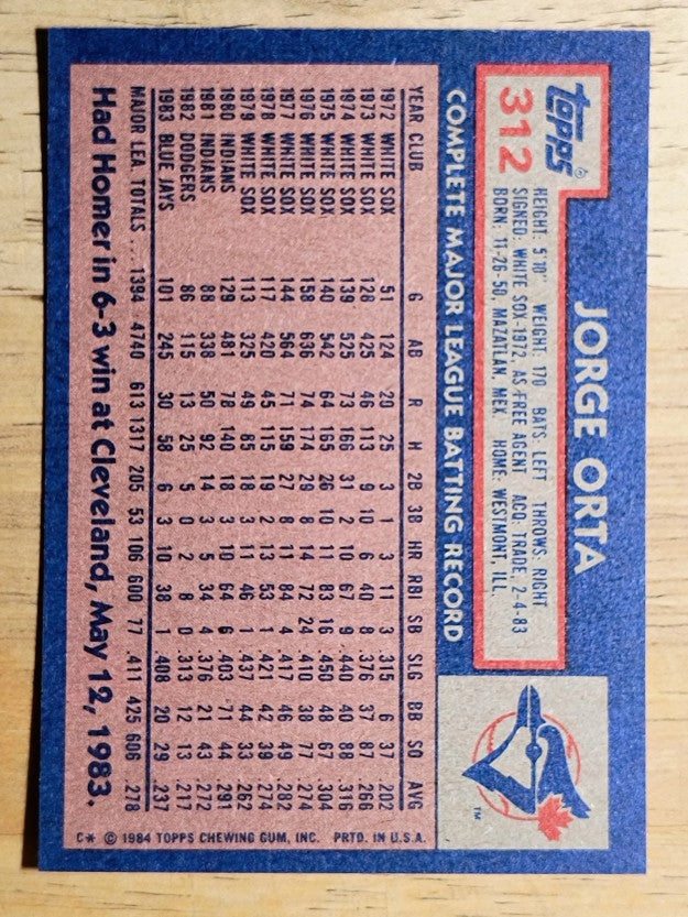 1984 Topps #312 Jorge Orta