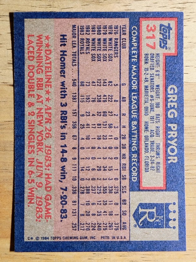 1984 Topps #317 Greg Pryor