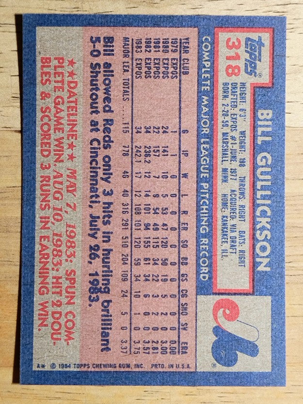 1984 Topps #318 Bill Gullickson
