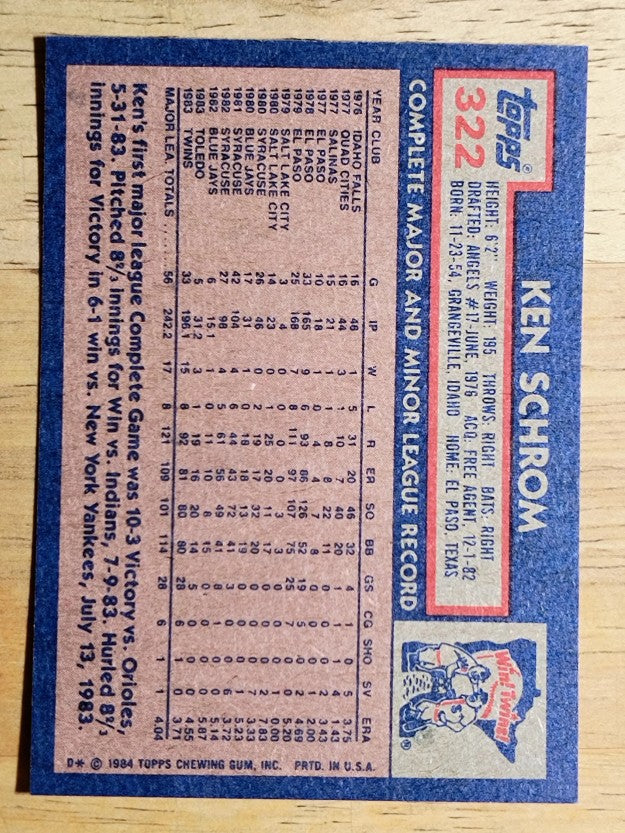 1984 Topps #322 Ken Schrom