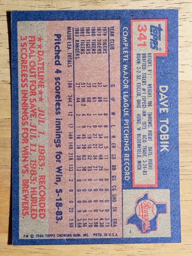 1984 Topps #341 Dave Tobik