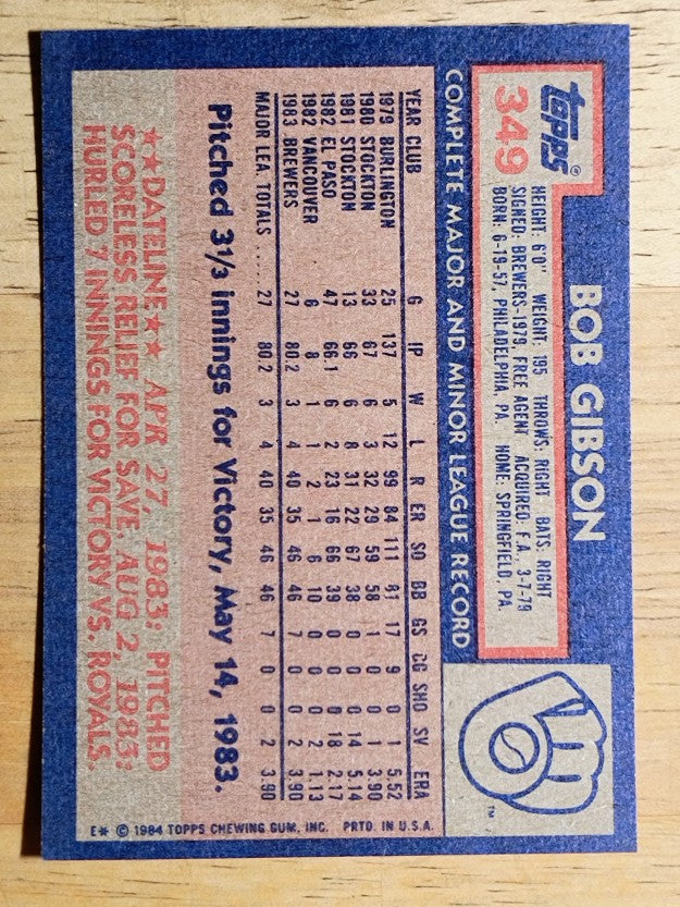 1984 Topps #349 Bob L. Gibson RC