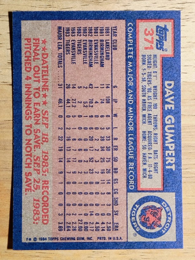 1984 Topps #371 Dave Gumpert