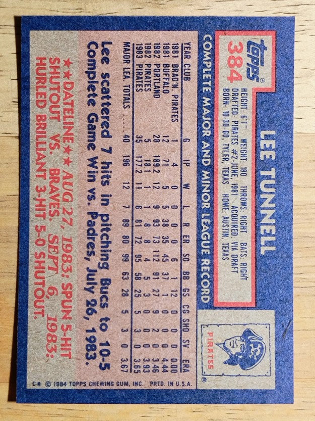 1984 Topps #384 Lee Tunnell