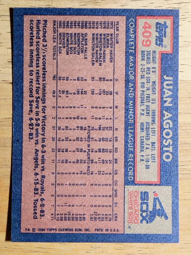 1984 Topps #409 Juan Agosto