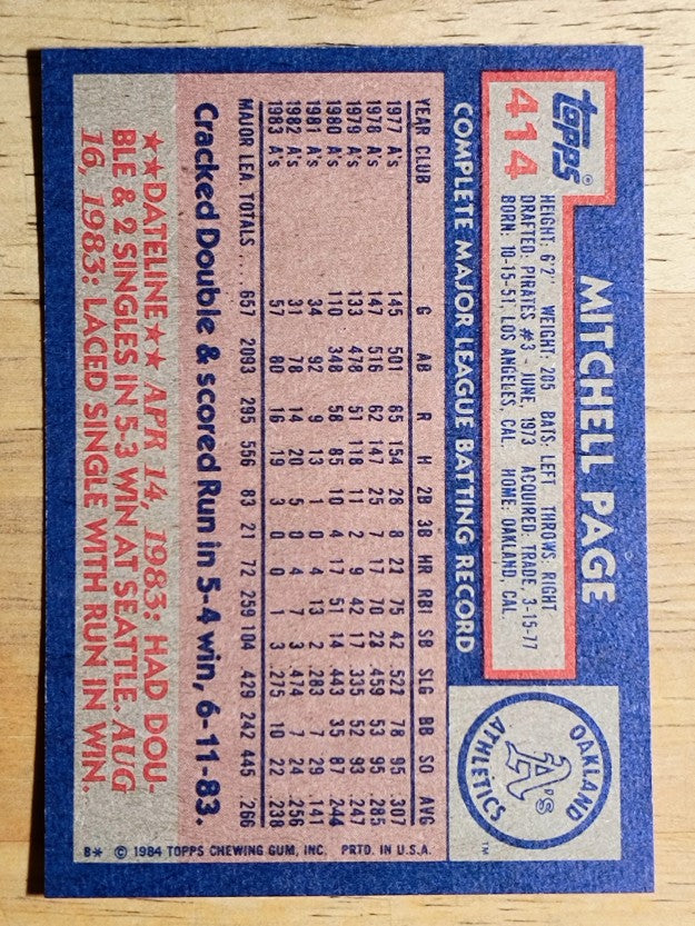1984 Topps #414 Mitchell Page