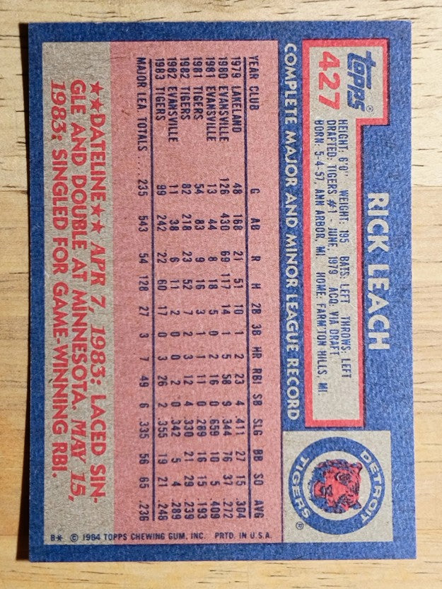 1984 Topps #427 Rick Leach