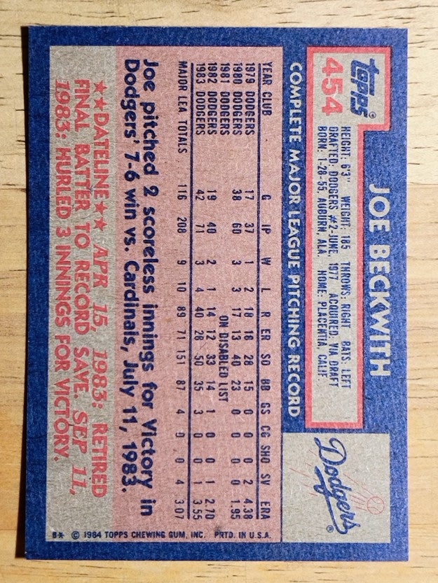 1984 Topps #454 Joe Beckwith