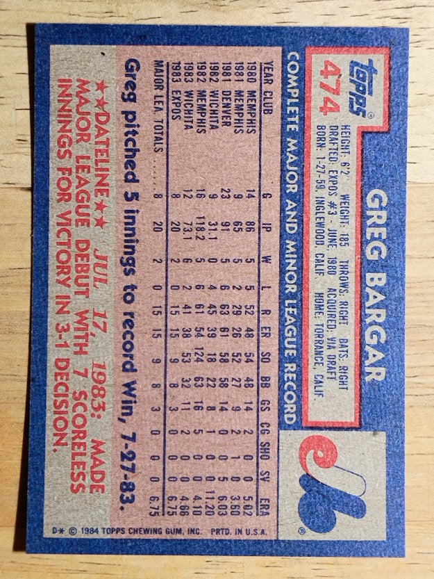 1984 Topps #474 Greg Bargar