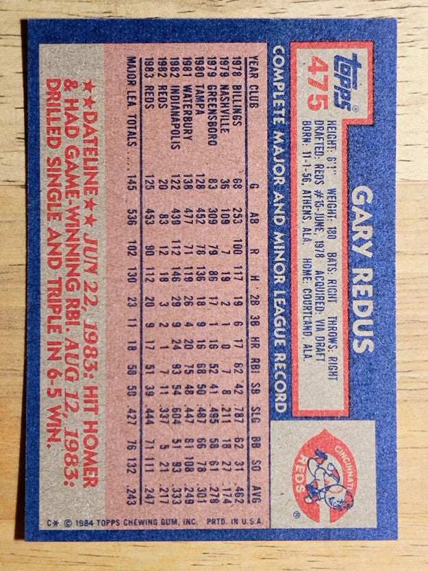 1984 Topps #475 Gary Redus RC